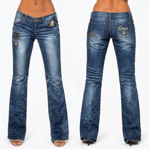 Coogi Jeans Women 5/6 Blue Dark Wash Embroidered Patch Luxury Straight Leg Y2K